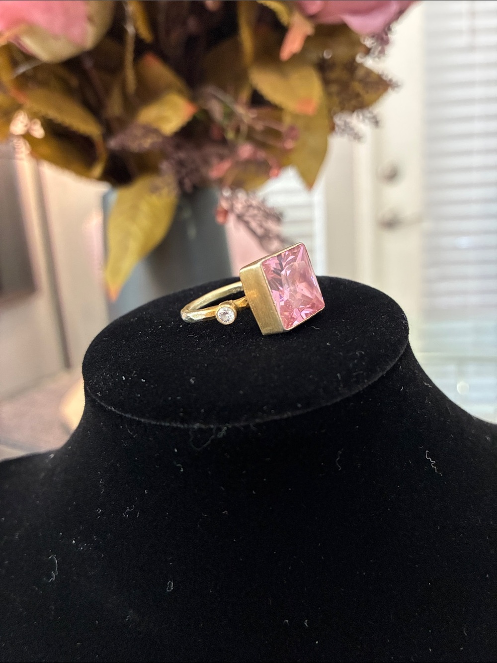 Pink Square-Cut Gold Tone Ring with Accent Stone - Women's Jewelry